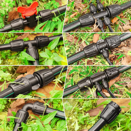 Drip Irrigation Fittings Kit for 1/2 Inch Tubing：1/2'' Drip Line Anti-drop Barbed Locked Nut Connectors 19 Pieces Set Include 3 Couplings 4 Tees 2 Elbows 2 Valves 5 Reducing Tee 3 Plugs