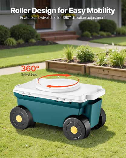 VEVOR Garden Scooter with Seat, 2 in 1 Rolling Garden Cart with Storage Bin, Supports up to 227 lbs, Outdoor Wagon with Handle, Lightweight Storage Gardening Stool for Yard Weeding Planting