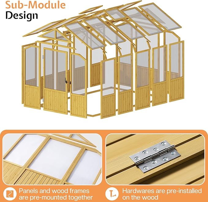 Jocisland 6x8x6.5 Ft Wooden Greenhouse, Pre-Assembled Solid Cedar Frame, Walk-in Design, Lockable Door, Adjustable Roof Vents, Polycarbonate Panels for Outdoor, Garden, Backyard