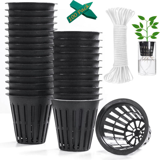 ORIMERC 100 Pack 2 inch Net Pots for Hydroponics Plants, Net Cups with Watering Rope & Plant Labels, for Hydroponic Supplies Aquaponics Vegetable Garden Growing Baskets Nursery Slotted Mesh tower Pots