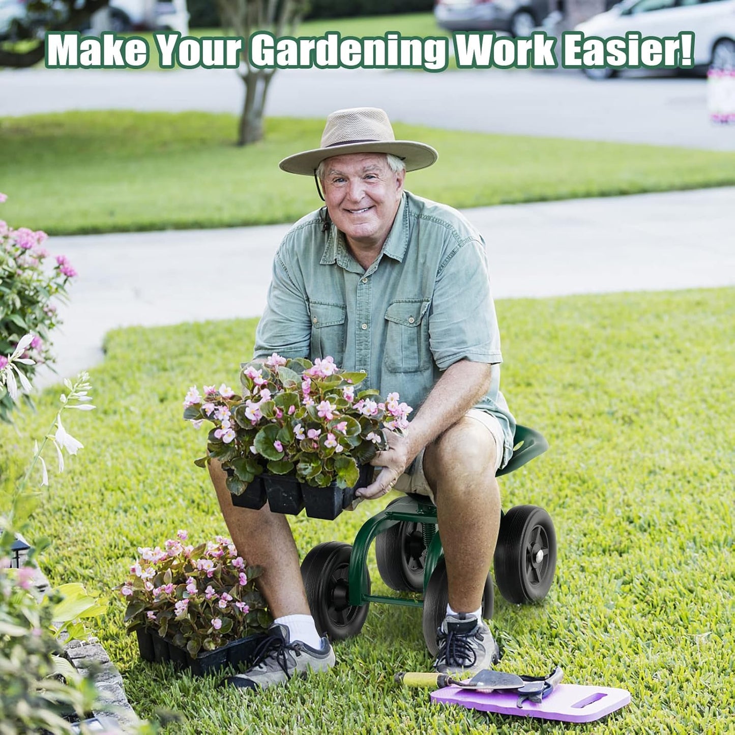 Goplus Garden Cart with Wheels, Utility Stool Cart w/Adjustable 360 Degree Swivel Seat, Outdoor Lawn Yard Rolling Work Seat, Garden Scooter for Planting (Green)