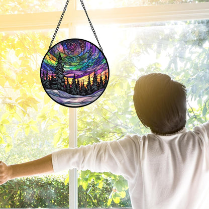 Stained Glass Window Hanging, Van Gogh Night Scene Sun Catchers Colorful Glass Panel Starry Sky Suncatcher Decor for Birthday for Women, Men, Wife, Aunt, and Mom 6.3 in