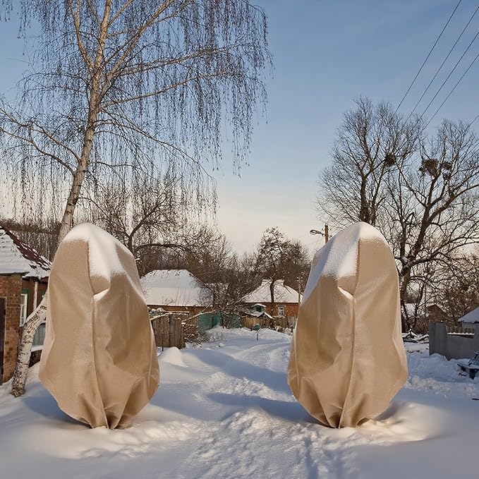2 Pcs Winter Plant Covers Freeze Protection Reusable Plant Protector Bag with Drawstring Warm Shrubs Cover Frost Protection Planting Jacket Bags for Outdoor Garden, Brown (98.4 x 118.11 Inch)