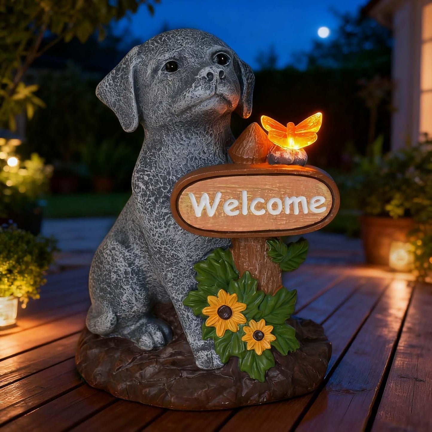 Solar Garden Decor Dog Figurine Outdoor Decoration with Butterfly Light for Home Garden Patio Yard Balcony Lawn Ornaments, Birthday Gifts for Dog Lovers Women, Mom, Grandma