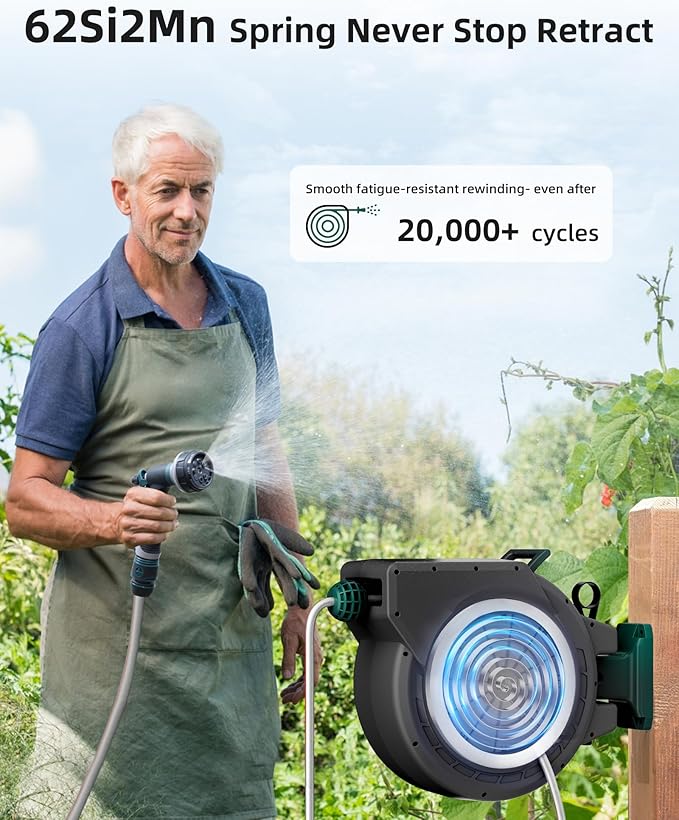 AYURA Retractable Garden Hose Reel 100 ft x 1/2 inch with Pro Metal Shaft, Heavy Duty Automatic Garden Hose Reels with Kink-Free Rewind and Lock at Any Length, Wall Mount Water Hose Reel for Outside