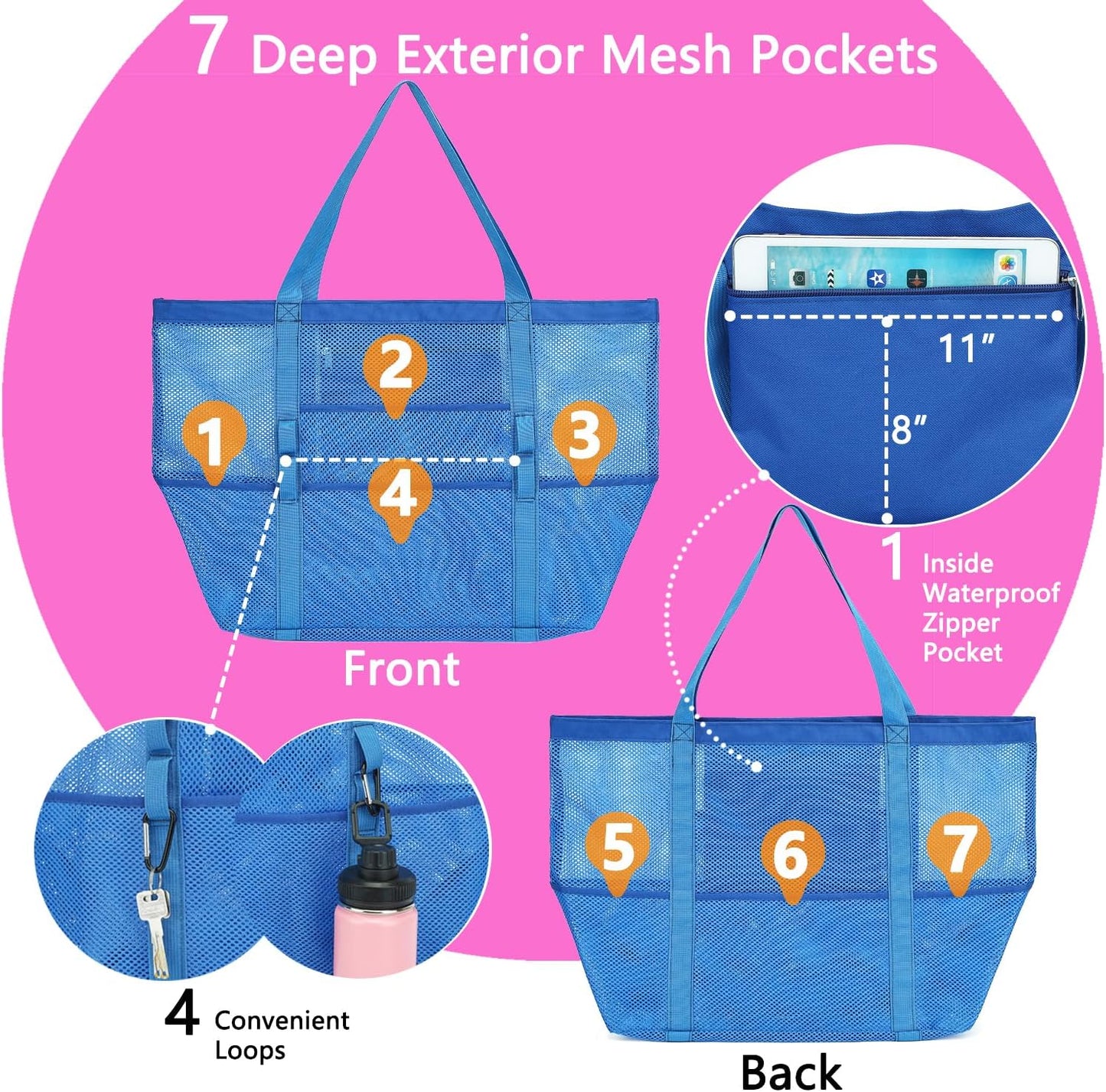 Mesh Beach Bag, Large Beach Tote with Zipper Pocket for Family Pool Bag for Toys & Vacation Essentials