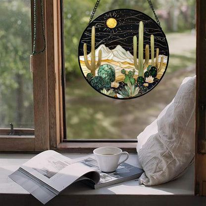 Stained Glass Window Hanging, Black and White Golden Cactus Nature Suncatcher for Doors Window Home Starry Sky Sun Catchers Decor Mother's Day Birthday Gifts for Women, Men Mom 11.8 in