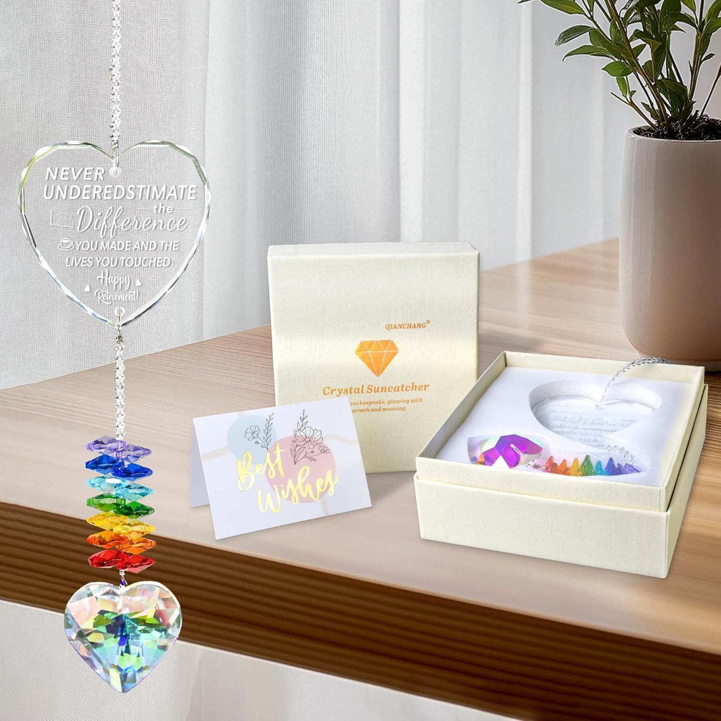 Happy Retirement Crystal Suncatcher Gifts for Women, Men - Window Hanging Crystal Heart Prism Sun Catcher Rainbow Maker Pendant