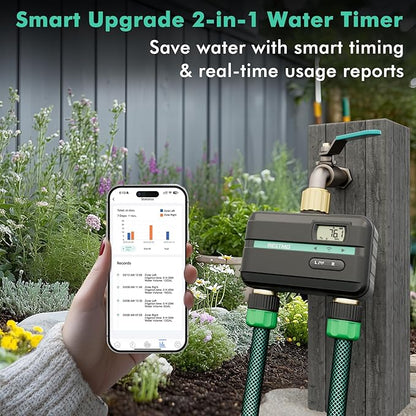 RESTMO Smart Sprinkler Timer with Flow Meter, 2 Zone Water Timer for Garden Hose, Brass Inlet & Outlet, Automatic Lawn & Yard Irrigation Watering System, APP Remote Control (2.4Ghz WiFi Connection)