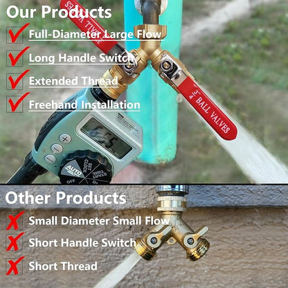 Garden Hose Splitter 2 Way,Brass Water Hose Splitter with Stainless Steel Long Handle,Outdoor Full Flow Hose Splitter Connector,Y Valve 3/4 Inch GHT Thread (Splitter 2-Way (2 pce))