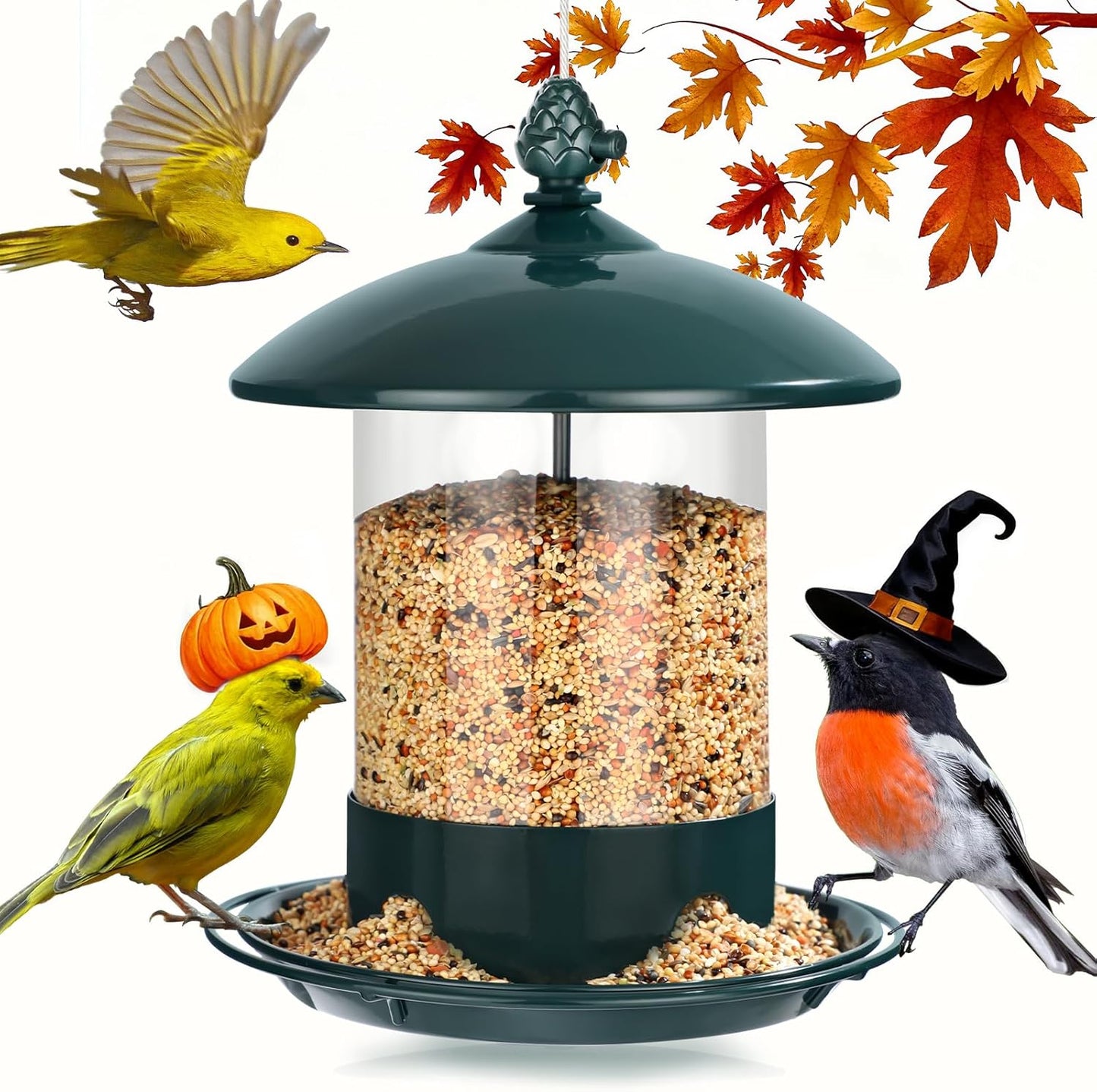 Metal Bird Feeders for Outdoors Hanging, Weather Resistant Wild Bird Feeder with 360 Degree Feeding Tray, Green