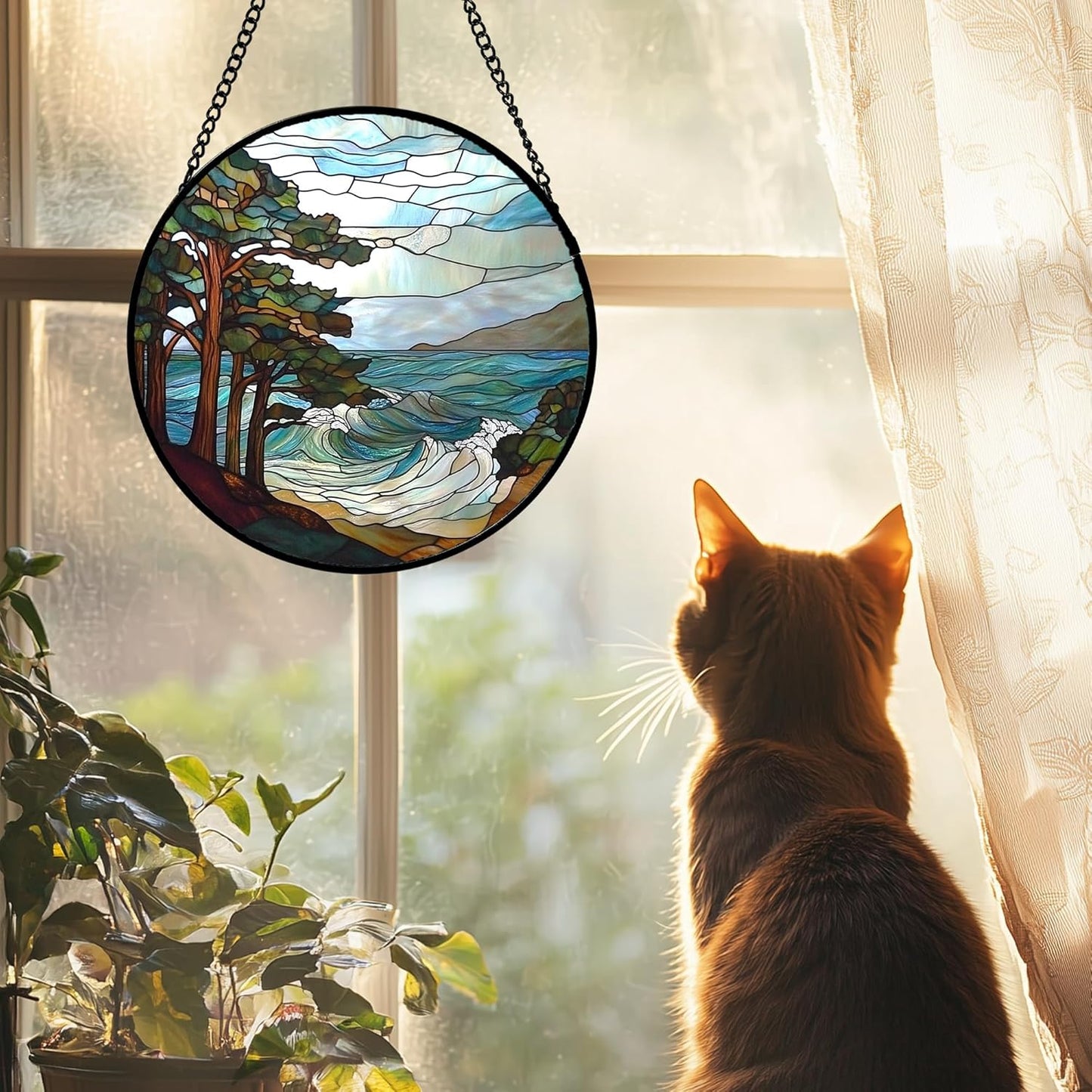 Stained Glass Window Hanging 4 Pcs Set Ocean Waves 9.8" - Blue and White Sea Suncatcher Door Garden Sun Catcher Decor Birthday Christmas for Mom Woman Nana Men