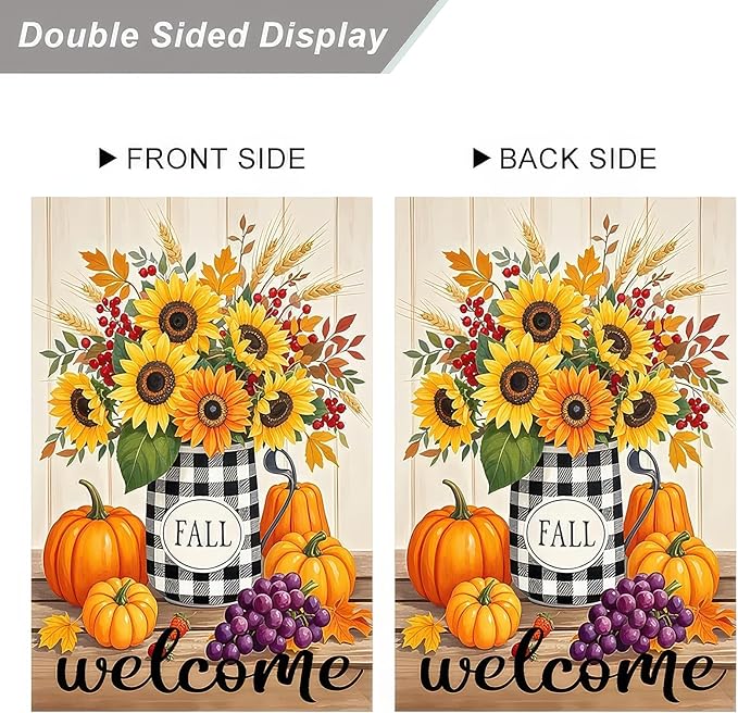 Garden Flags 12x18 Inch Fall Welcome Flag Double Sided Sunflower Pumpkin Grape Floral Outdoor Yard Banner for Porch Lawn Patio Autumn Harvest Decor Seasonal Thanksgiving Decoration