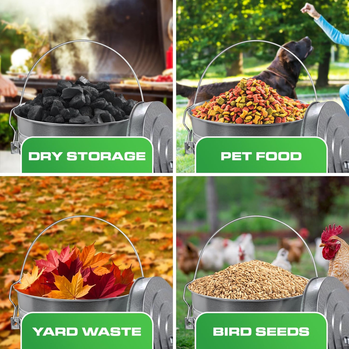 Plexon 6 Gallon Small Metal Trash Can with Locking Lid Galvanized Metal Bucket for Poultry Feed Bird Seed Storage Ash Outside Garbage Can with Lid, 3 Pack