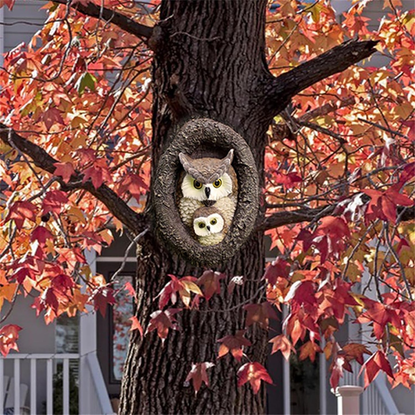 Owl Garden Statues Outdoor Decor, Fake Owl Mum and Baby Decoy to Scare Birds Away, Tree Face Decor Resin Figurine Sculpture Garden Peeker Yard Art Decoration for Patio Housewarming Gifts