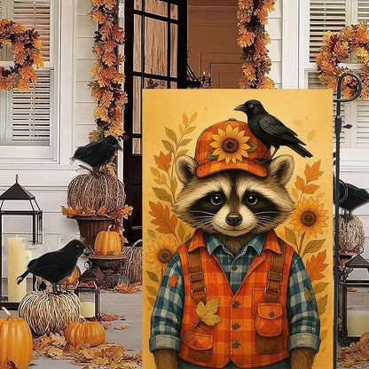 Thanksgiving Fall Garden Flag 12x18 Inch Welcome Raccoon Outdoor Flag Double Sided Autumn Yard Banner with Sunflower Hat and Bird for Porch Lawn Patio Seasonal Decor