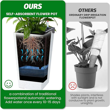 GarveeLife 22.5" Tall Planters Set of 2, Outdoor&Indoor Black Planter Pots, High Front Porch Planter Pots With Drainage Holes&Water Level Monitor&Inner Bucket, Automatic Watering, White and Black Dots