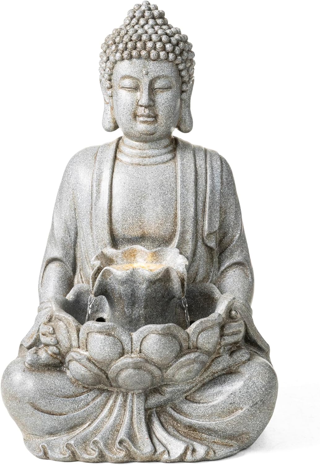 Glitzhome Buddha Fountain Outdoor with Pump & LED Light 23.3" H, 2-Tier Zen Style Concrete Meditating Buddha Statues Water Fountains Floor Fountains Buddhas Sculpture for Garden Patio Backyard