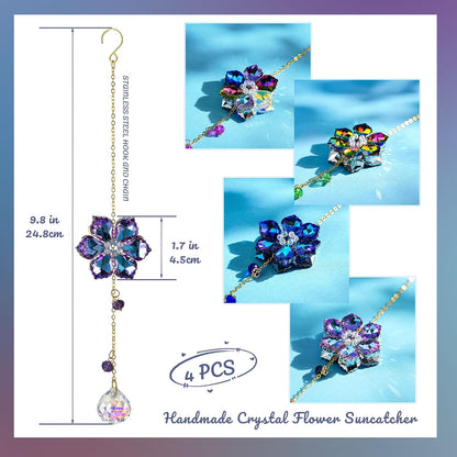 HDCRYSTALGIFTS 4pcs Crystal Flower Suncatchers for Window Hanging Ornaments, Rainbow Maker Crystal Sun Catchers Indoor Window Outdoor Patio Garden Decor Gifts (Multicolor)