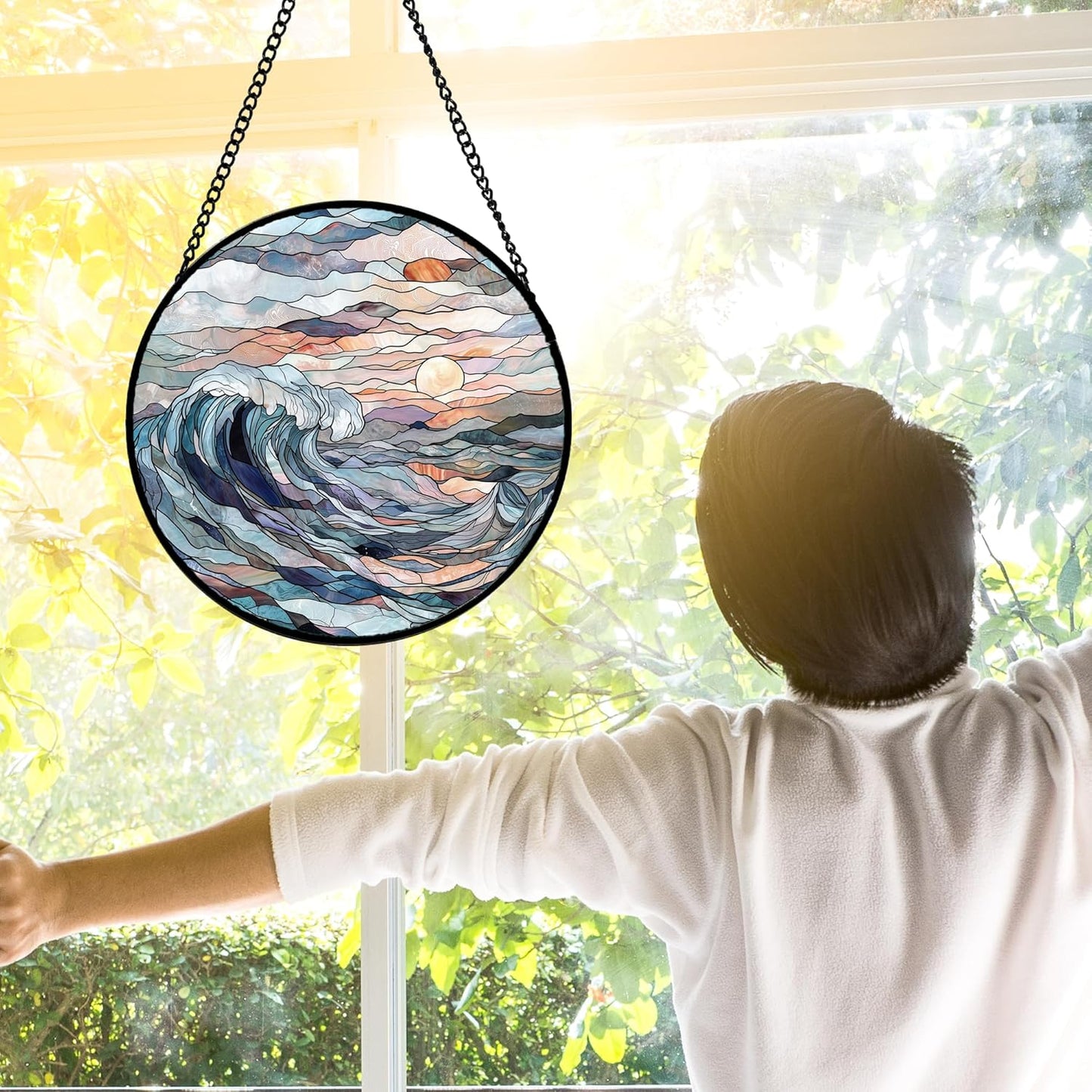 Stained Glass Window Hanging, Sunrise Waves Sun Catchers Diamond Glass Panel Hangings Abstract Suncatcher Decor for Birthday for Women, Men, Wife, Aunt, and Mom 9.8 in