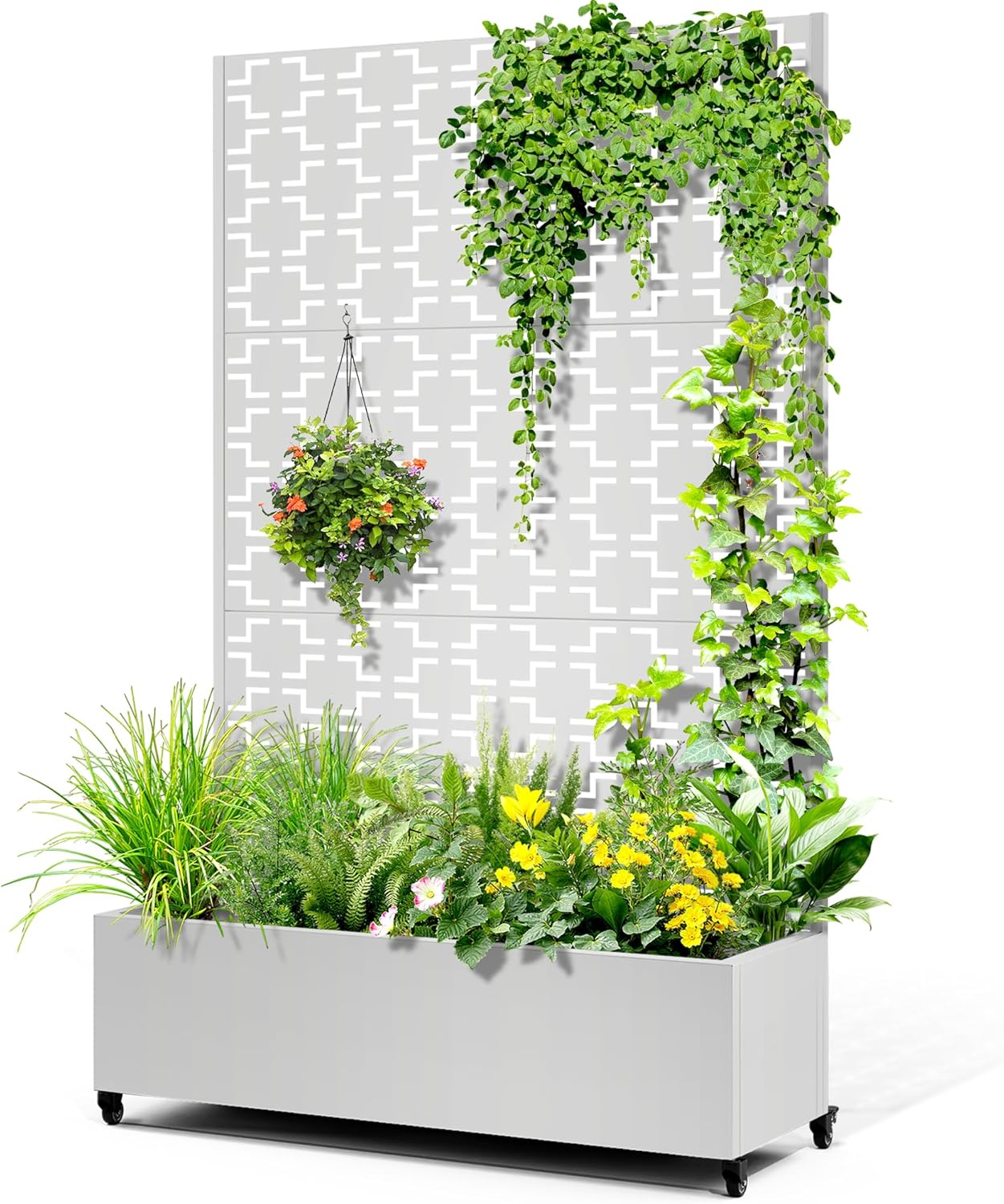 Metal Raised Garden Bed with Trellis, 2-in-1 Planter Box & Privacy Screen for Climbing Plants, Outdoor Standing Flower Bed with Drainage Holes, 47.2" L x 16.7" W x 70.8" H, White-Square