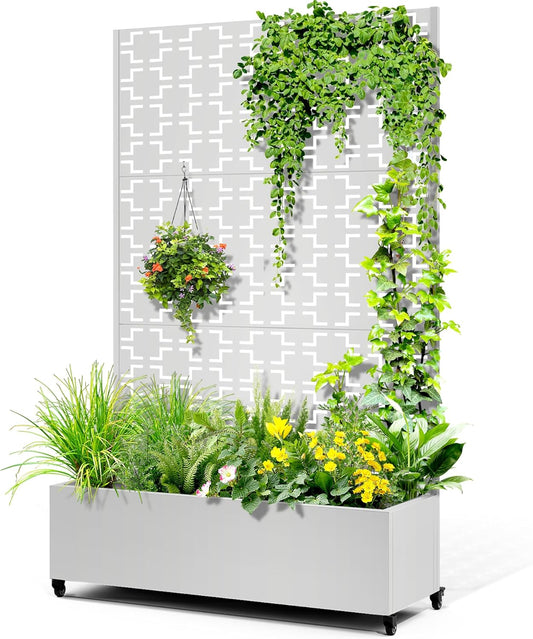 Metal Raised Garden Bed with Trellis, 2-in-1 Planter Box & Privacy Screen for Climbing Plants, Outdoor Standing Flower Bed with Drainage Holes, 47.2" L x 16.7" W x 70.8" H, White-Square