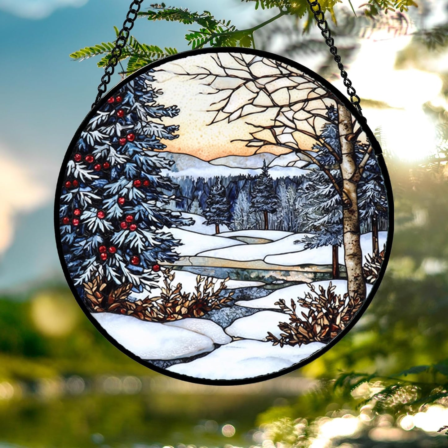 Stained Glass Window Hanging, Winter Snow Landscape Suncatcher Diamond Glass Panel Sun Catchers Decor for Birthday for Women, Men, Wife, Aunt, and Mom 14.9 in