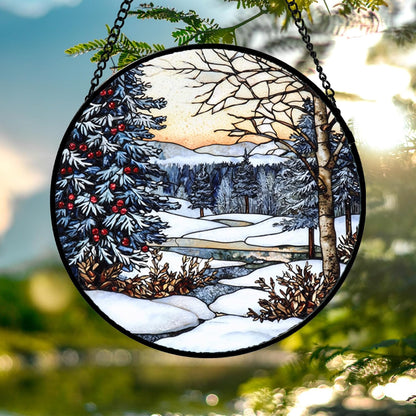Stained Glass Window Hanging, Winter Snow Landscape Suncatcher Diamond Glass Panel Sun Catchers Decor for Birthday for Women, Men, Wife, Aunt, and Mom 14.9 in