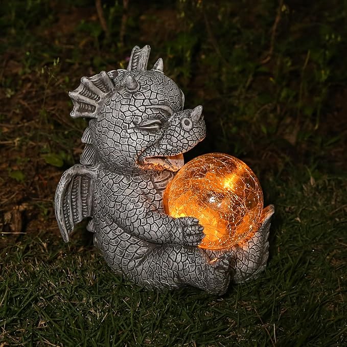 Garden Dragon Statue Solar Powered Outdoor Figurine Light Decor Cute and Hold Glowing Glass Ball Resin Sculpture Home Decoration for Porch Patio Lawn Farm Yard Housewarming Ornament Gift