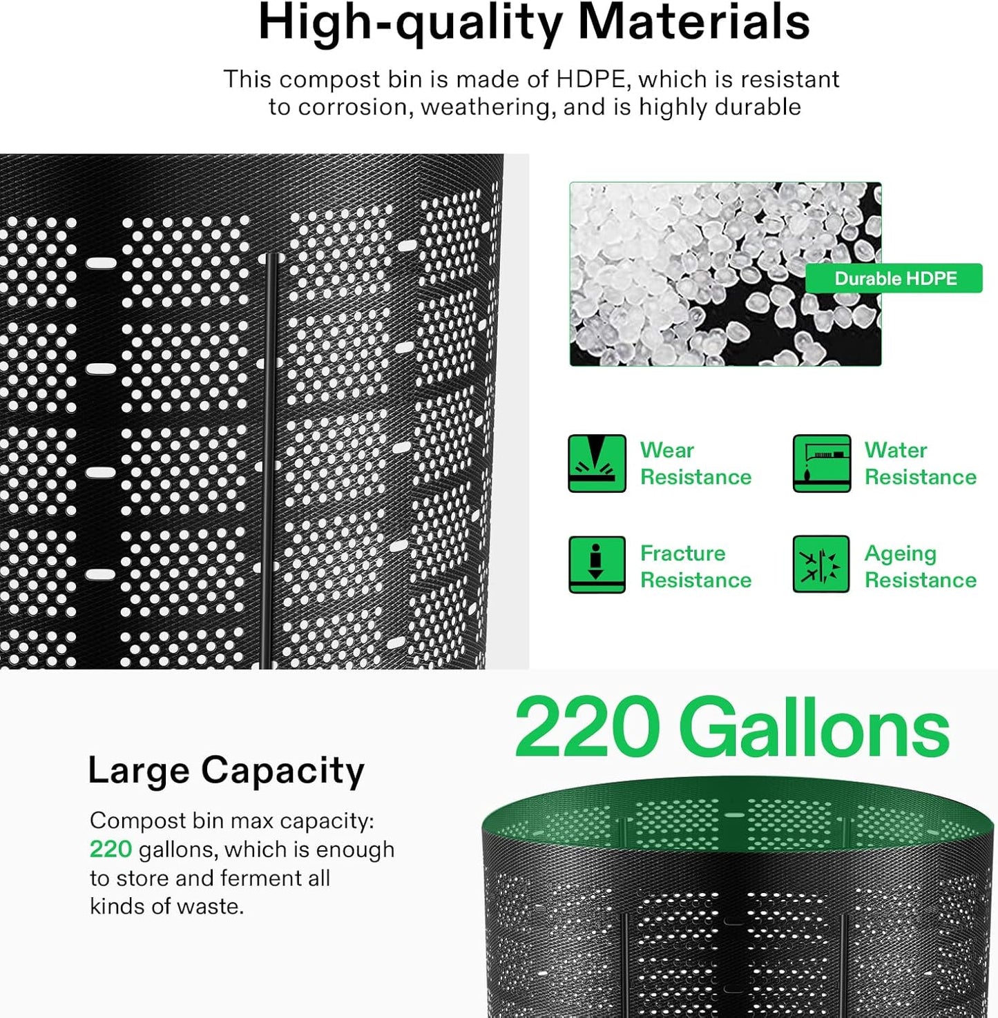 VIVOSUN 220 Gallon Outdoor Compost Bin, Expandable Composter, Easy to Setup & Large Capacity for Backyard, Lawn (Black with Gloves)