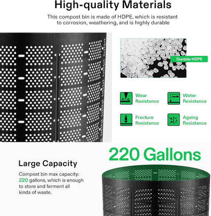VIVOSUN 220 Gallon Outdoor Compost Bin, Expandable Composter, Easy to Setup & Large Capacity for Backyard, Lawn (Black with Gloves)