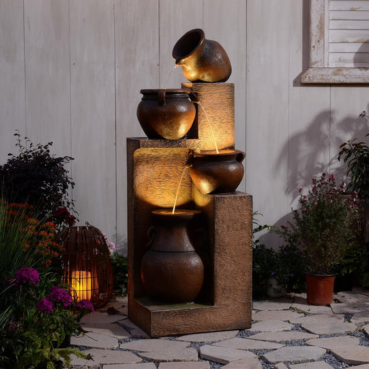 53" H Patio Water Fountain-The 4 Cascading Modern Feature Crocks Garden Fountains and Waterfalls with Warm Lights for Porch, Deck, Patio, Backyard Home Décor (Gold)