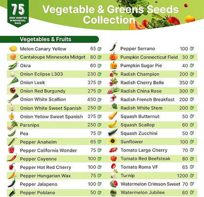 75 Vegetable & Greens Seeds Variety Pack, Garden Seed Starter Kit - Over 44,700 Non-GMO Heirloom Seeds for Planting Vegetables and Greens, Gift Seed Box with Gardening Supplies, Survival Kit