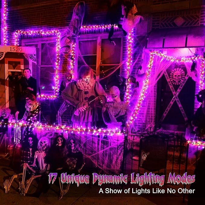 Brizled Outdoor Halloween Lights, 372 LED 17 Modes Orange & Purple Halloween Cluster Lights with Timer, 19.6FT Waterproof Spooky Light Plug in, Orange Purple Light Black Wire for Indoor Outdoor Decor