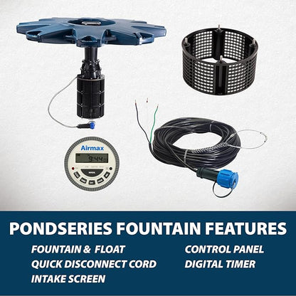 Airmax PondSeries Floating Fountain for Pond & Lake, Water Cooled Motor with 3 Spray Pattern Nozzles for Surface Aeration, 1/2 HP, 115 Volt, 100' Power Cord