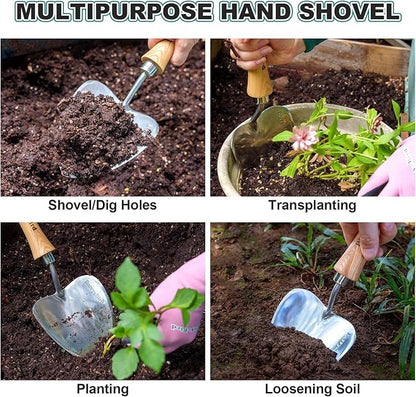 Berry&Bird Potting Trowel, Oversized Garden Hand Shovel with Sharp Blade & Wood Handle, Stainless Steel Gardening Tool for Roots, Planting, Digging, Transplanting, Soil Loosening and Fertilizer Mixing
