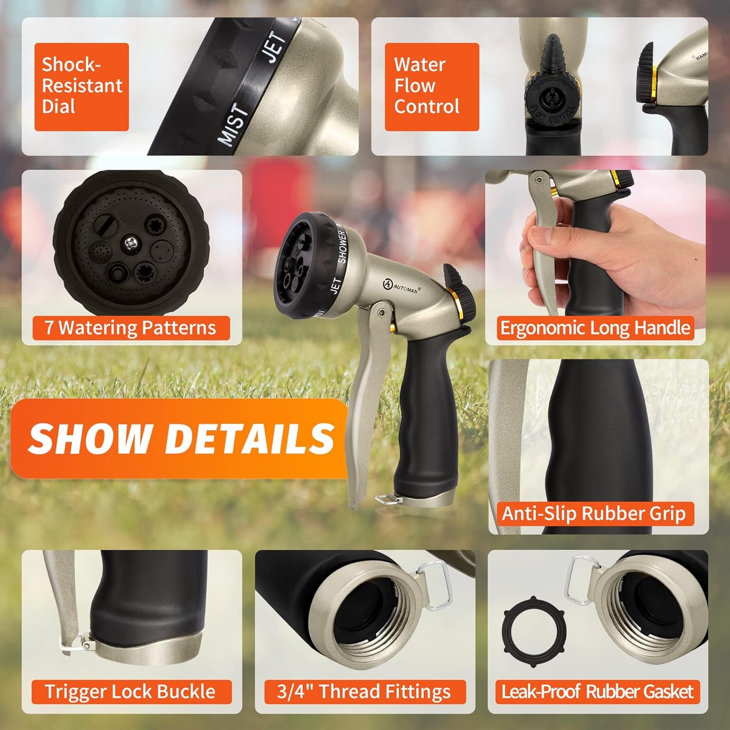 AUTOMAN Garden Hose Nozzle - 7 Patterns Sprayer, 100% Metal High Pressure Spray Nozzle, Labor-Saving Design, Heavy Duty Water Hose Nozzle for Garden Watering, Car Washing, Window Cleaning,Pets Bathing