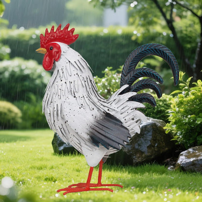Rooster Garden Statue Sculpture Metal Chicken Yard Decor Outdoor Figurines Patio Backyard Decoration (White)