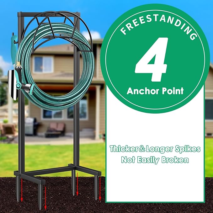 TomCare Garden Hose Holder 4 Spikes Garden Hose Reel Hose Stand Upgraded Water Hose Storage with Tool Hooks Garden Hose Hanger Organizer Holds 160ft Hoses for Outside Yard Lawn, Black