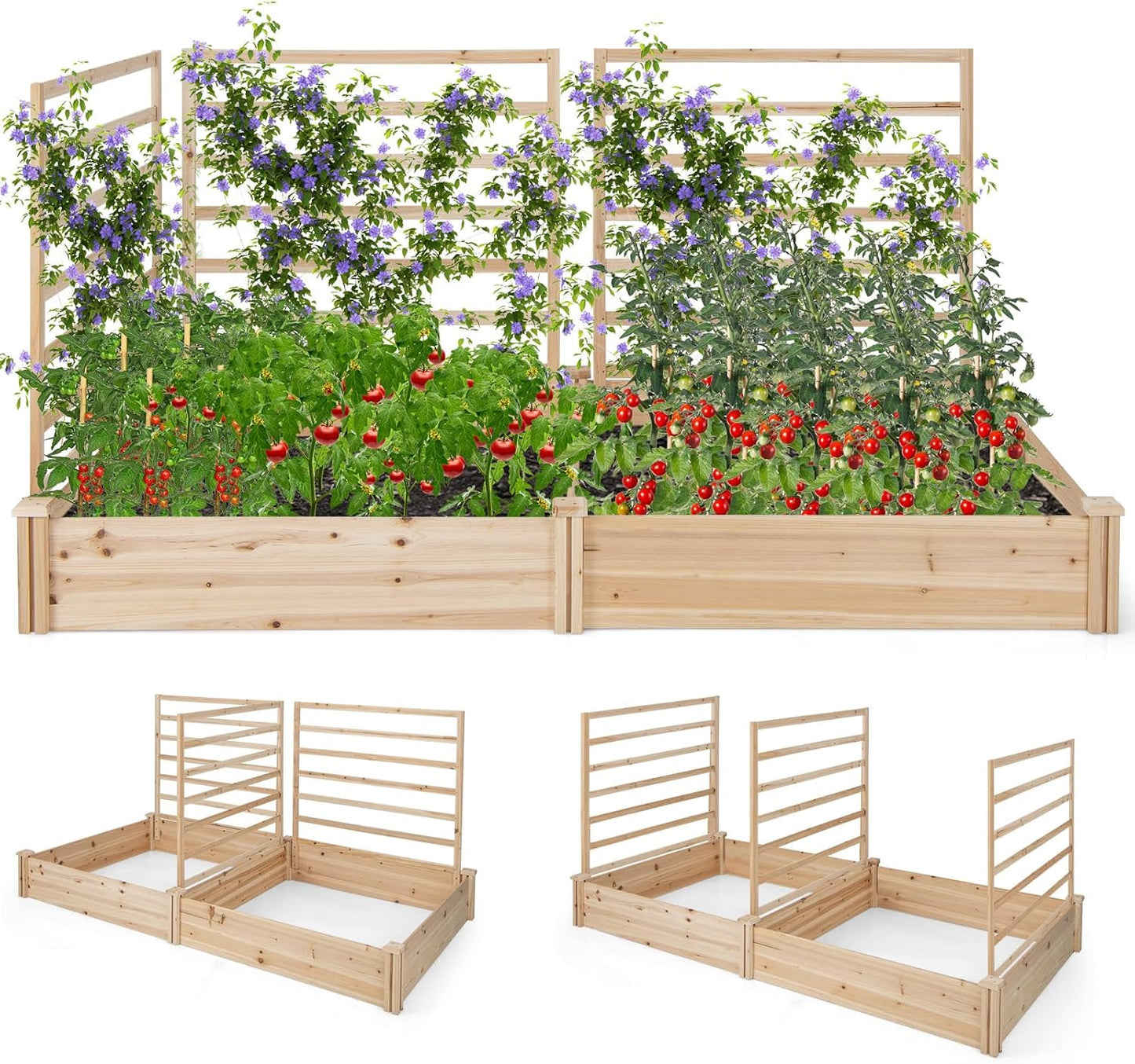 S AFSTAR Raised Garden Bed with 3 Trellis & 2 Planter Boxes, 88" L x 45" W x 43" H Outdoor Wooden Planter Box Kit for Flower Herb Vegetable Fruit Climbing Vines, Gardening Planter for Garden Patio