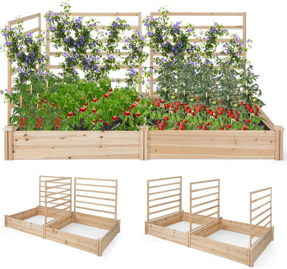 S AFSTAR Raised Garden Bed with 3 Trellis & 2 Planter Boxes, 88" L x 45" W x 43" H Outdoor Wooden Planter Box Kit for Flower Herb Vegetable Fruit Climbing Vines, Gardening Planter for Garden Patio