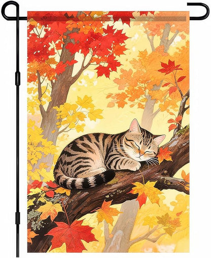 Thanksgiving Fall Garden Flag 12x18 Inch Welcome Tabby Cat Flag Double Sided Outdoor Autumn Yard Banner Sleeping Kitty and Colorful Leaves for Porch Lawn Patio Seasonal Decor