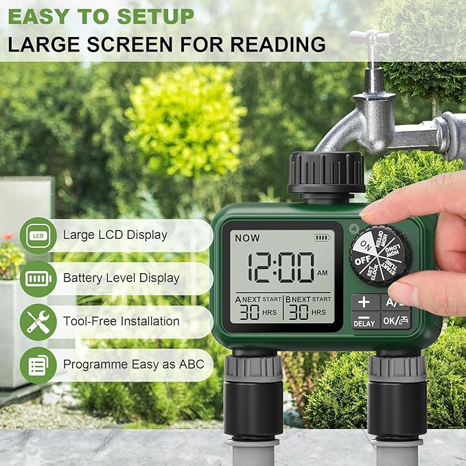 2 Outlet Sprinkler Timer, XinFuture Water Timer, Programmable Garden Hose Timer with Rain Delay, Manual& Automatic Watering System, Waterproof Irrigation Controller for 2 Separate Watering Zones