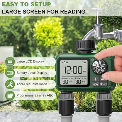 2 Outlet Sprinkler Timer, XinFuture Water Timer, Programmable Garden Hose Timer with Rain Delay, Manual& Automatic Watering System, Waterproof Irrigation Controller for 2 Separate Watering Zones