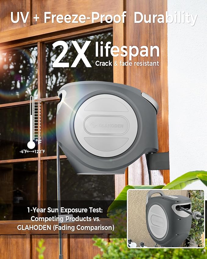 GLAHODEN Retractable Garden Hose Reel 1/2 in x 85 ft Upgraded UV Resistant Heavy Duty Automatic Hose Reel Wall Mount 3/4 in Brass Fitting 9 Pattern Nozzle Any Length Lock Slow Retraction