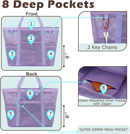 Mesh Beach Bag, Large Beach Tote with Zipper Pocket for Family Pool Bag for Toys & Vacation Essentials