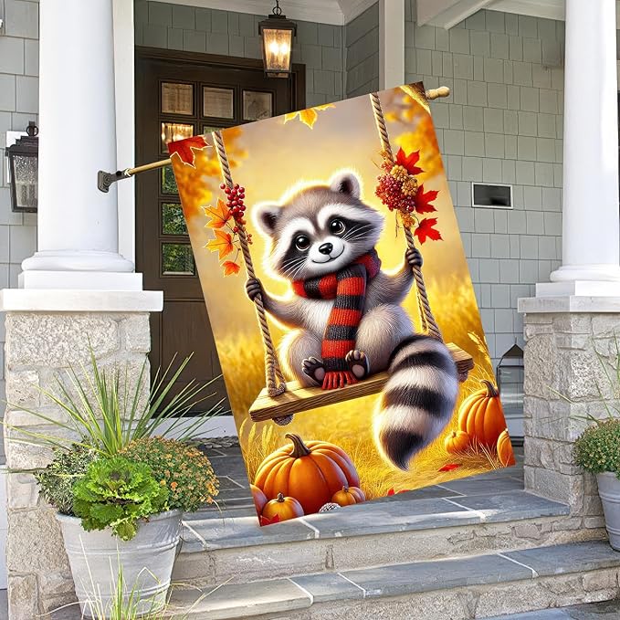 Thanksgiving Fall Garden Flag 12x18 Inch Welcome Raccoon Outdoor Flag Double Sided Autumn Yard Banner with Swing Pumpkins and Leaves for Porch Lawn Patio Seasonal Decor