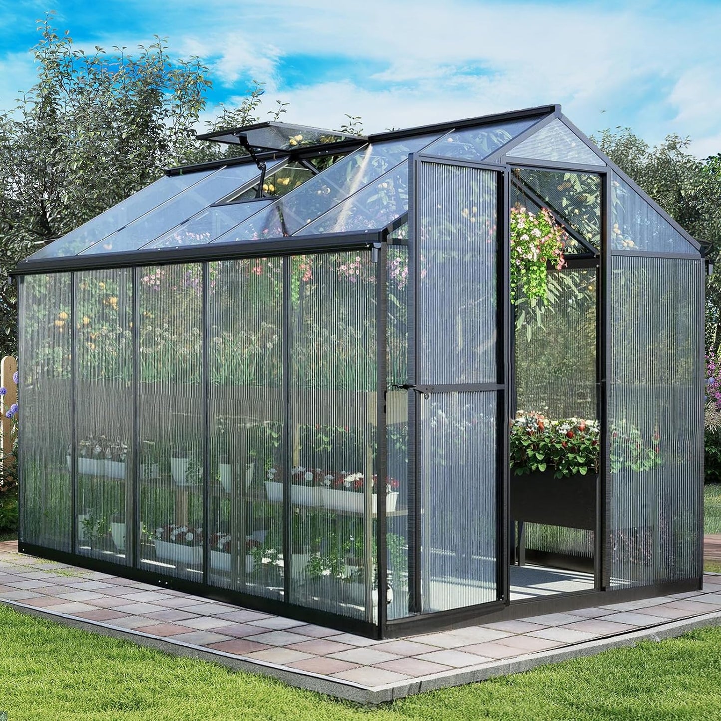 Aoodor 6 x 10 Ft Walk-in Greenhouse with Gutter, Polycarbonate and Heavy-Duty Aluminum Frame, Adjustment Skylight and Lockable 2-Sided Door for Patio, Outdoor, Yard, Lawn Use, Black