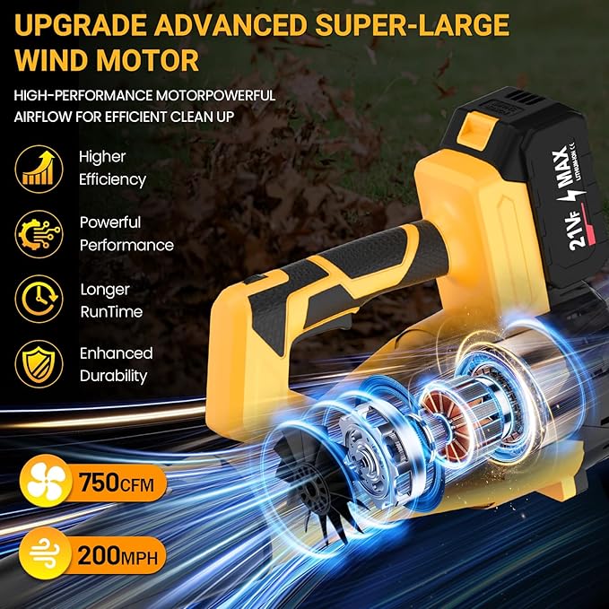 Cordless Leaf Blower 750CFM 200MPH – Electric Rechargeable Handheld Blower with 2×4.0Ah Batteries & Charger, Lightweight Design, 6-Speed Levels, 2 Extended Tubes for Yard, Lawn & Garden (Yellow)
