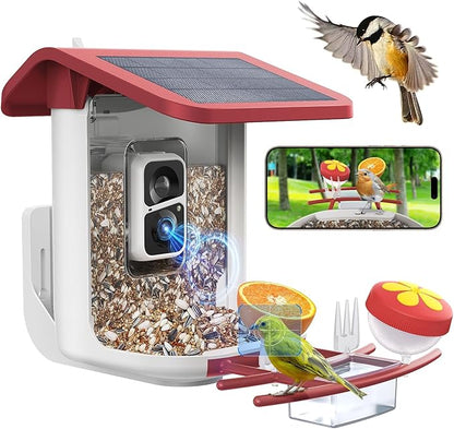 Smart Bird Feeder with Camera, Solar Bird Feeder - 2K HD Live Video Camera AI Identify Birds, Visible Window Auto Capture -Instant Arrival Alerts, Birds Lover Gifts (Red)